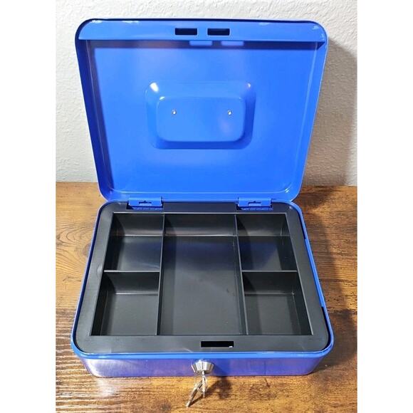 Blue Cash Box with Money Tray Storage Safe Lock Box with Key - Picture 4 of 7